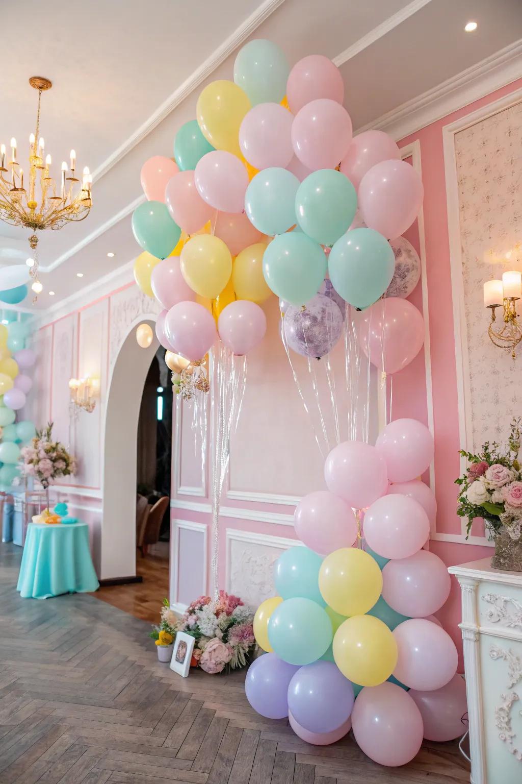 The integration of vivid and soft-toned balloons introduces playful refinement.