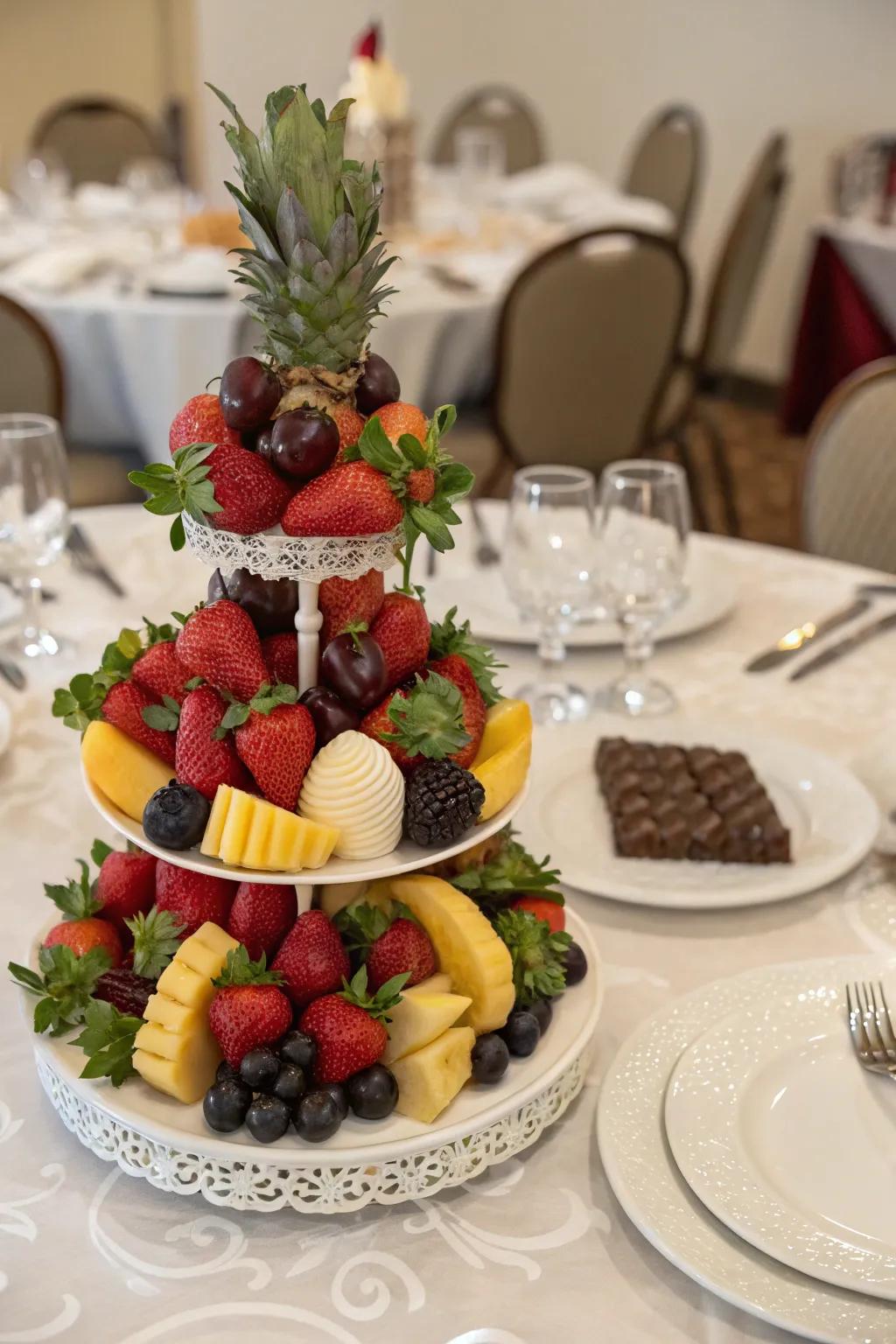 An appealing edible centerpiece featuring fruits and chocolates.