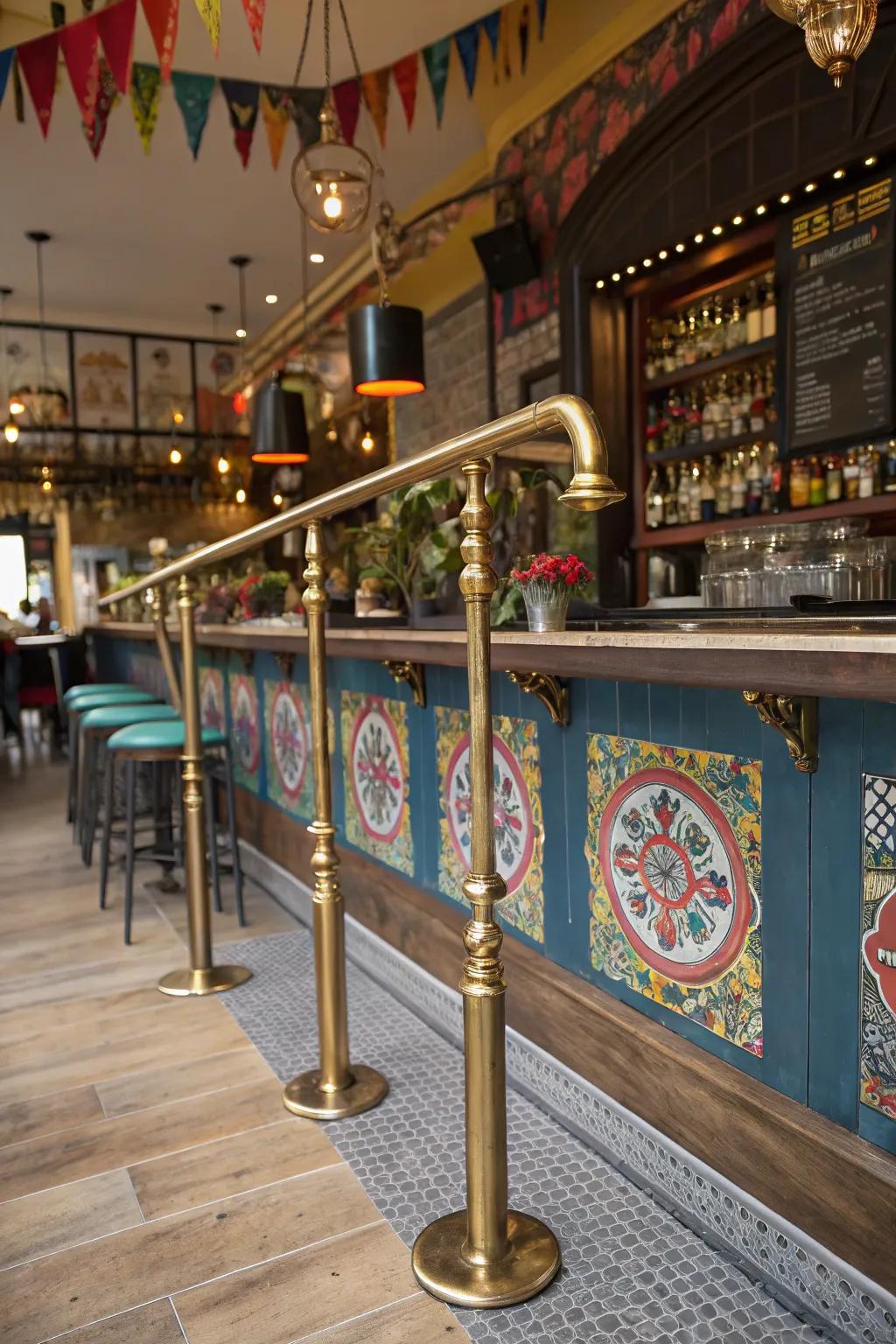 A vibrant foot rail combining metal and brass for an eclectic vibe.