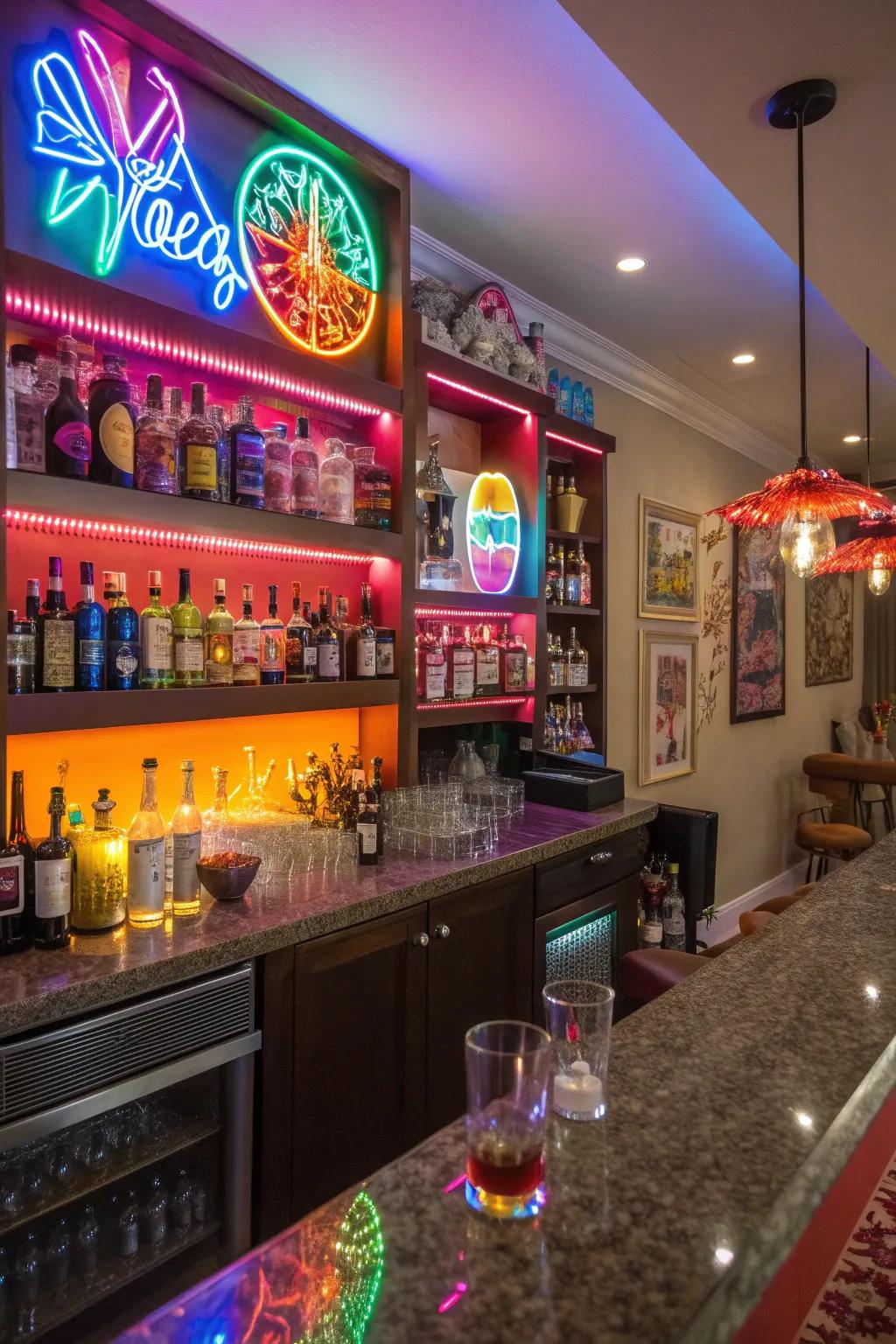 Neon signs introduce a bold and vibrant feel to the bar.