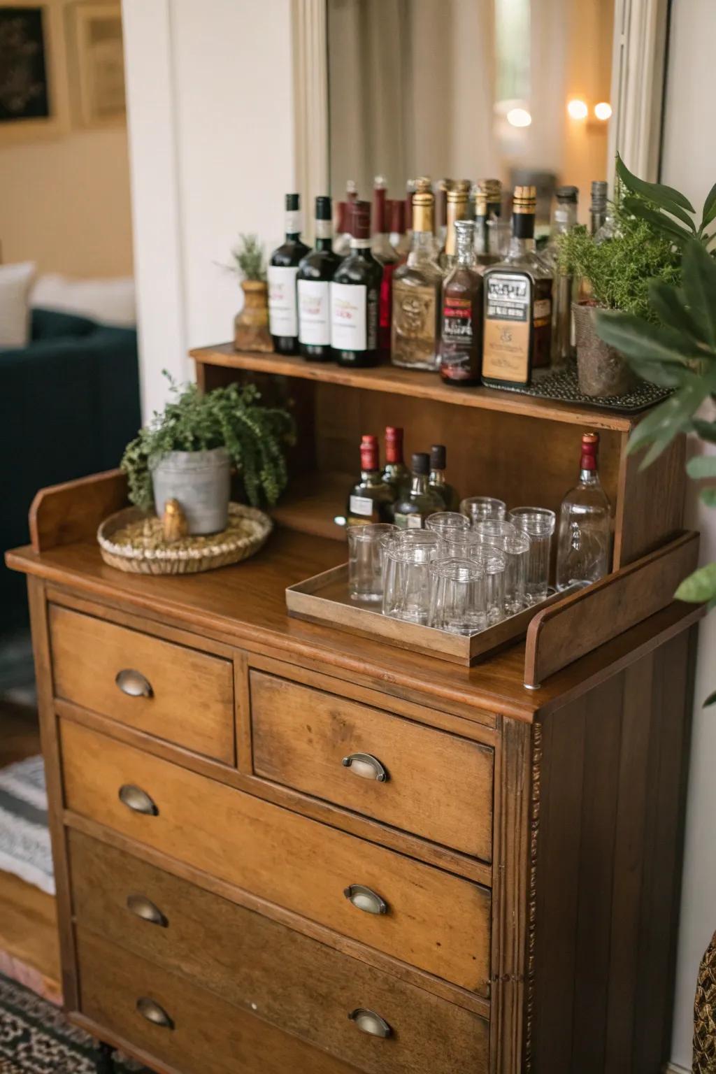 Repurposed furniture adds charm to your bar.