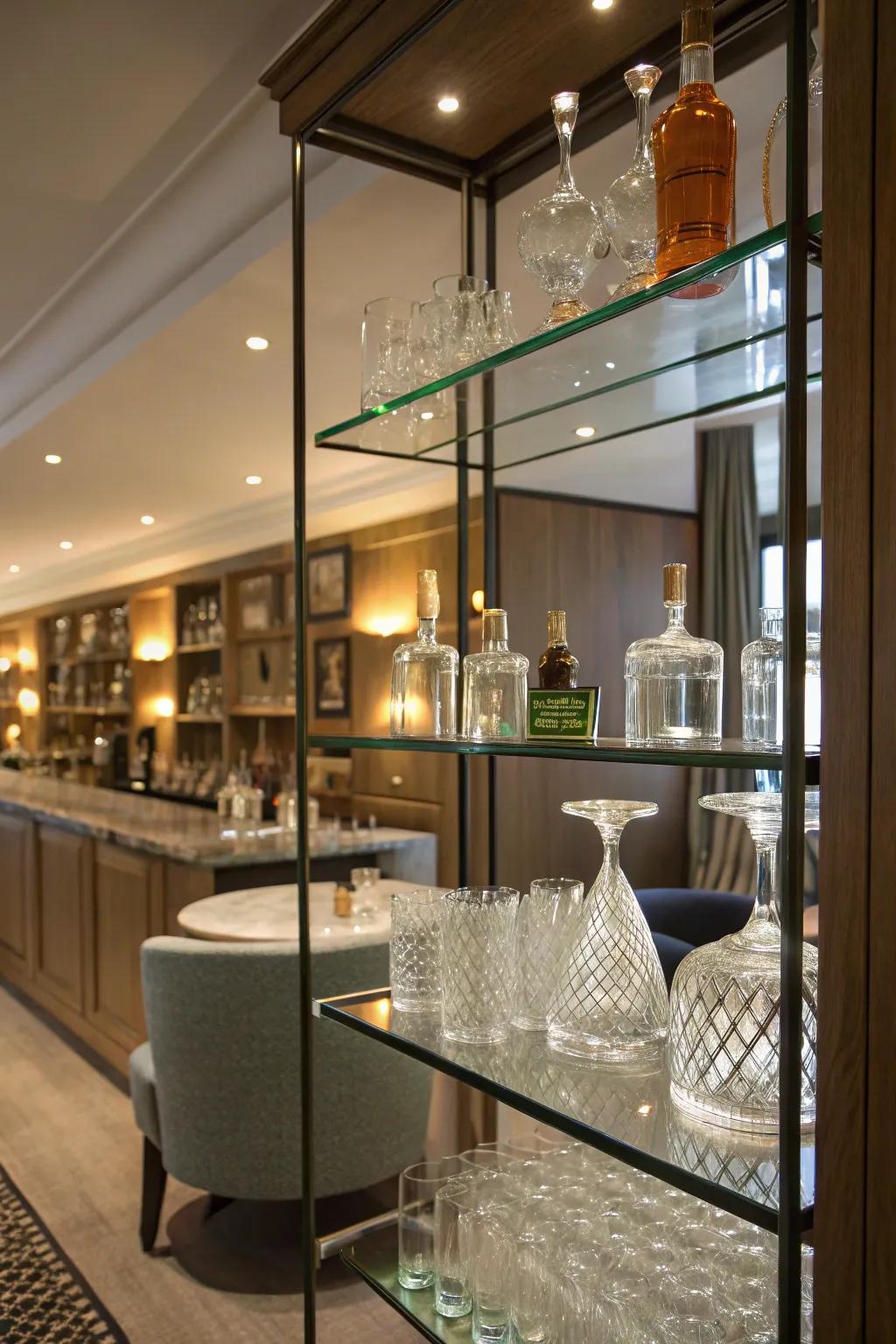 Elegant glass shelves enhance your home bar's style.