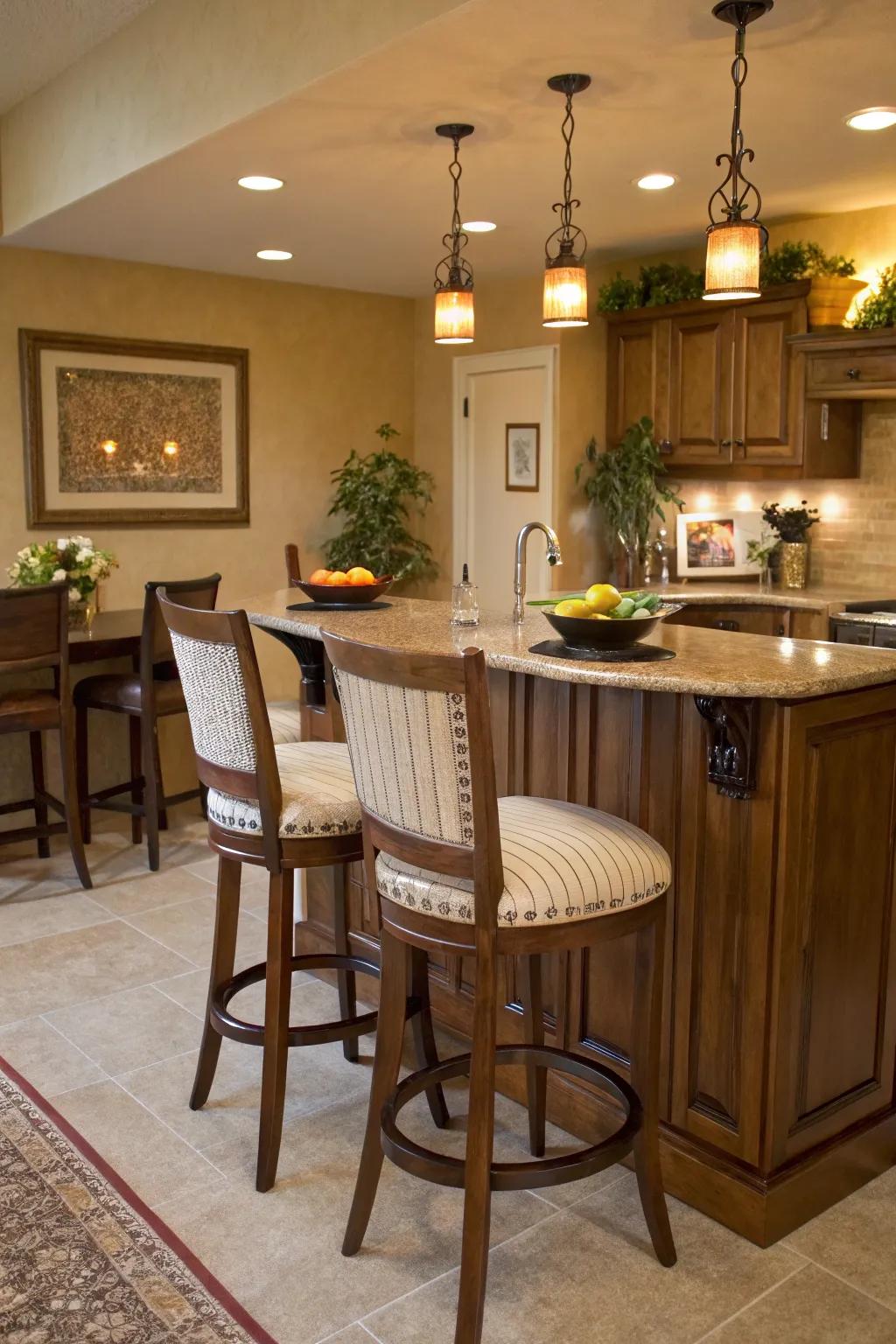 Relaxing and chic bar stools enhanced with upholstered cushions.