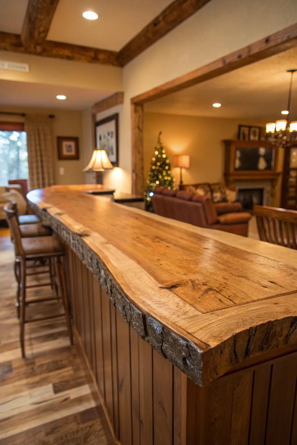 Natural-edge wood introduces nature’s beauty indoors.