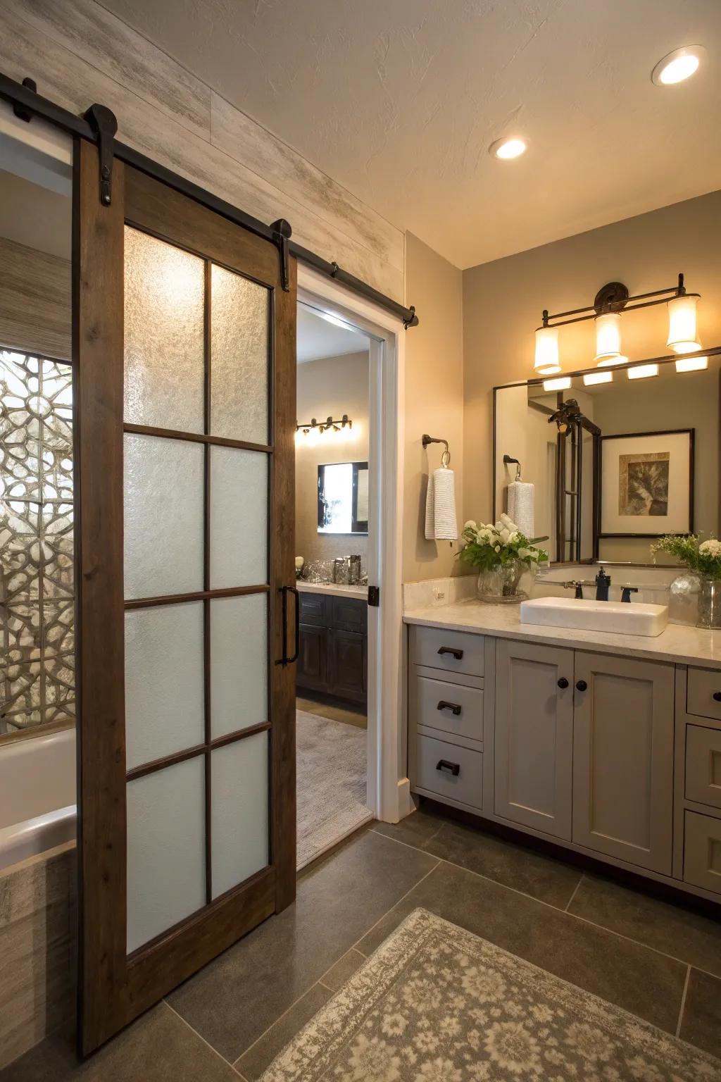 Frosted glass sections contribute a sophisticated touch while preserving privacy.