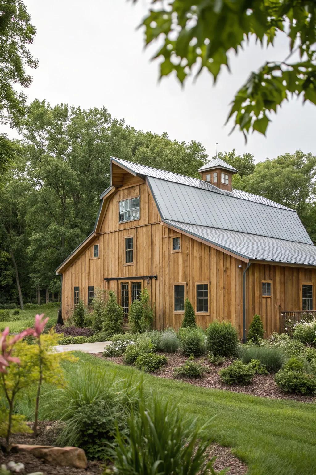 Timber and steel elements unite to create a resilient yet stylish barndominium exterior.