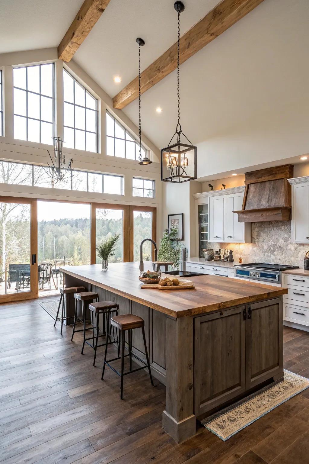 A large island functions as the social and functional center of the kitchen.