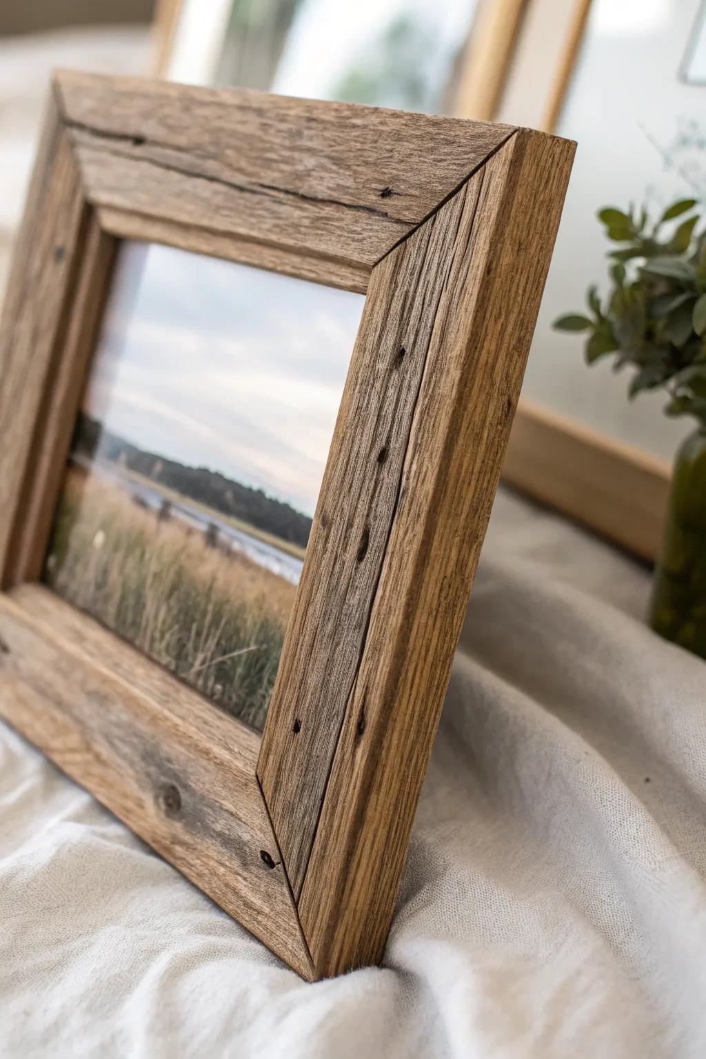 A close-up showcasing the organic textures of a reclaimed wood frame.
