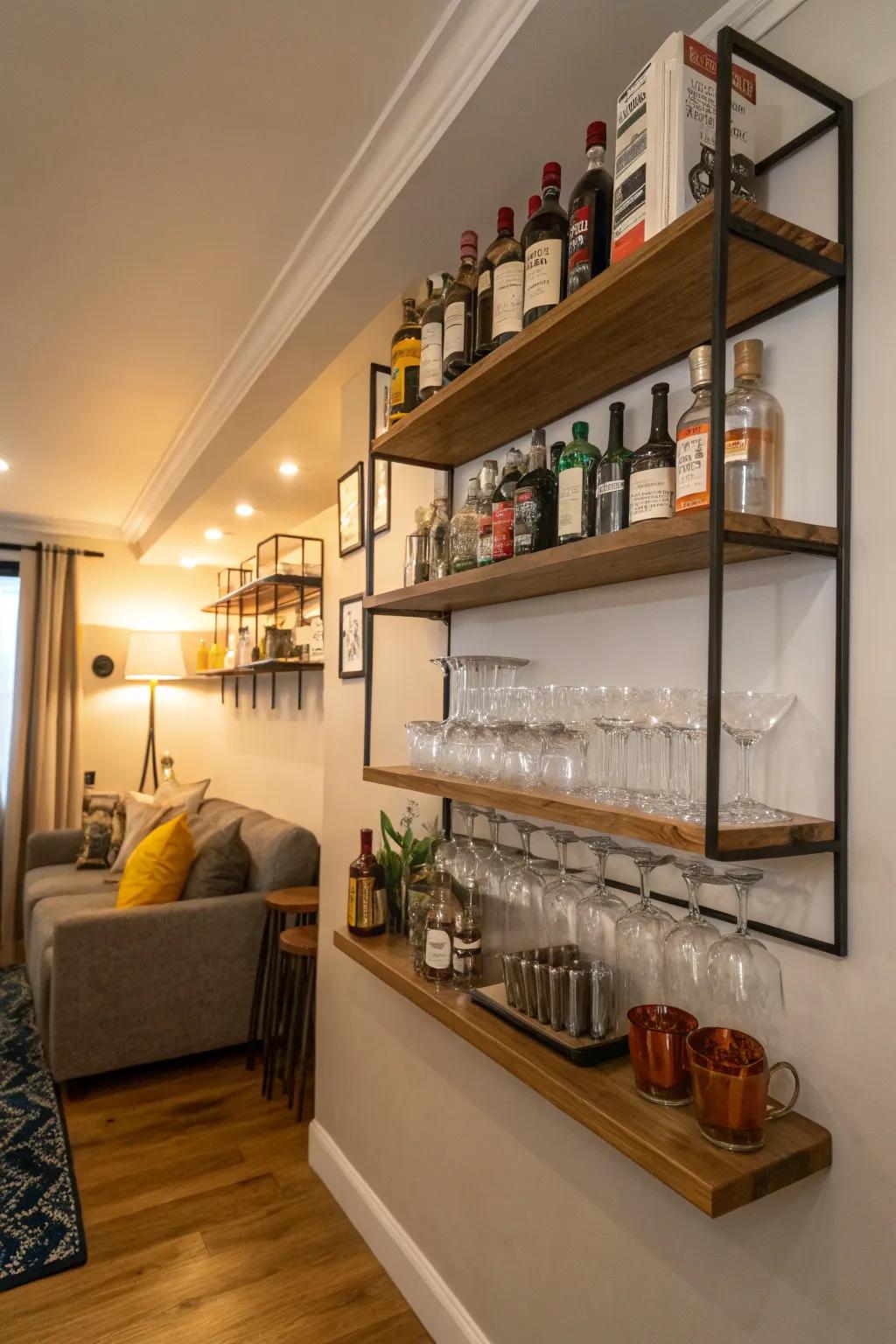 Wall-secured planks offer a chic means to conserve space and display your collection.