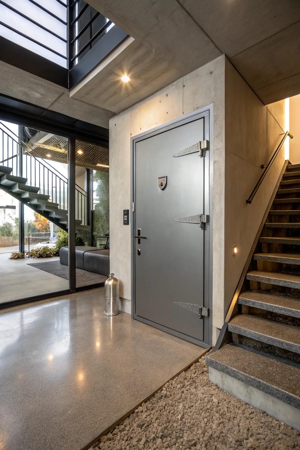 A modern tough door guarantees security and style for your basement entrance.