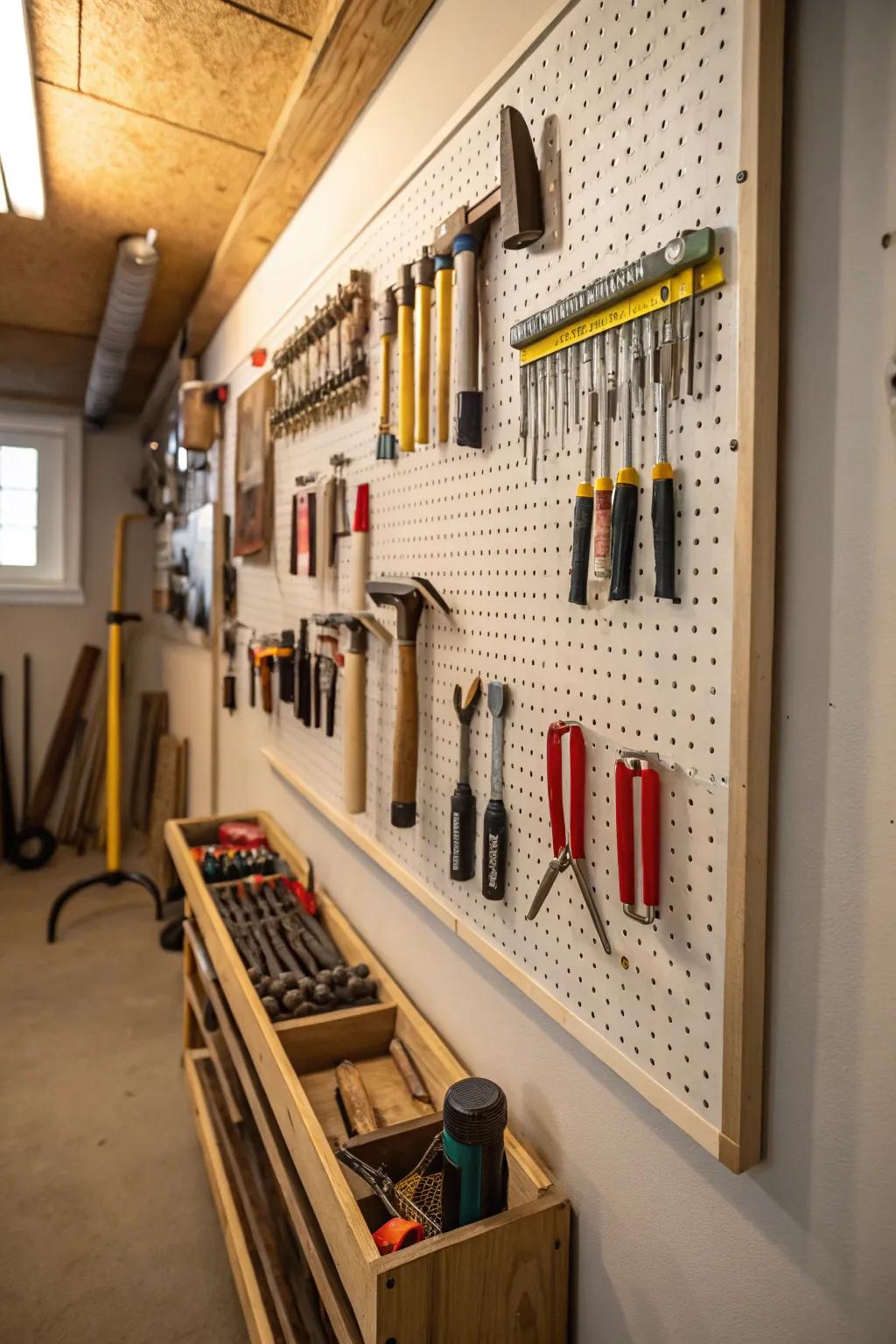 Pegboards provide a practical storage option for tools.