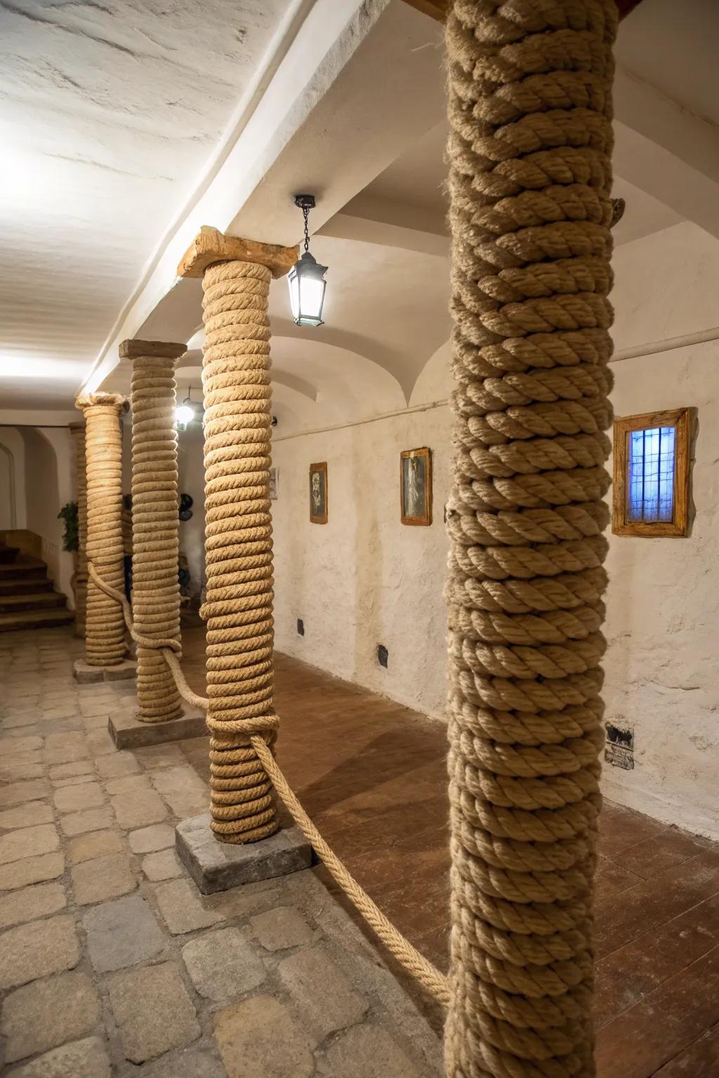 Textured rope wraps add a unique look to basement poles.