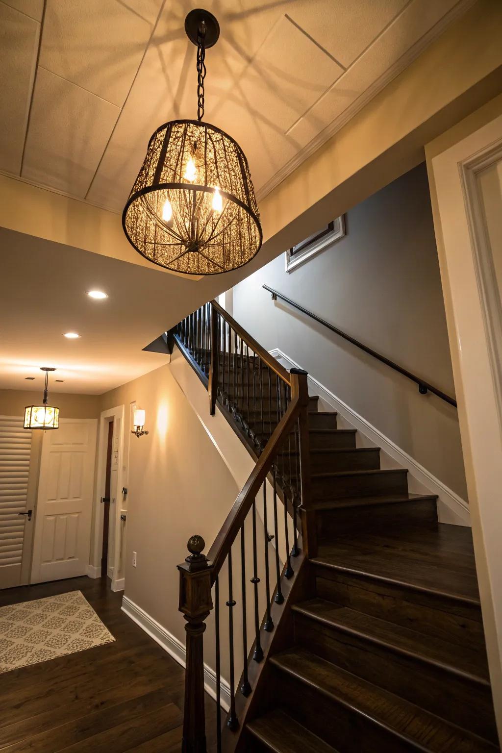 Enhance your stairs with a striking hanging light.