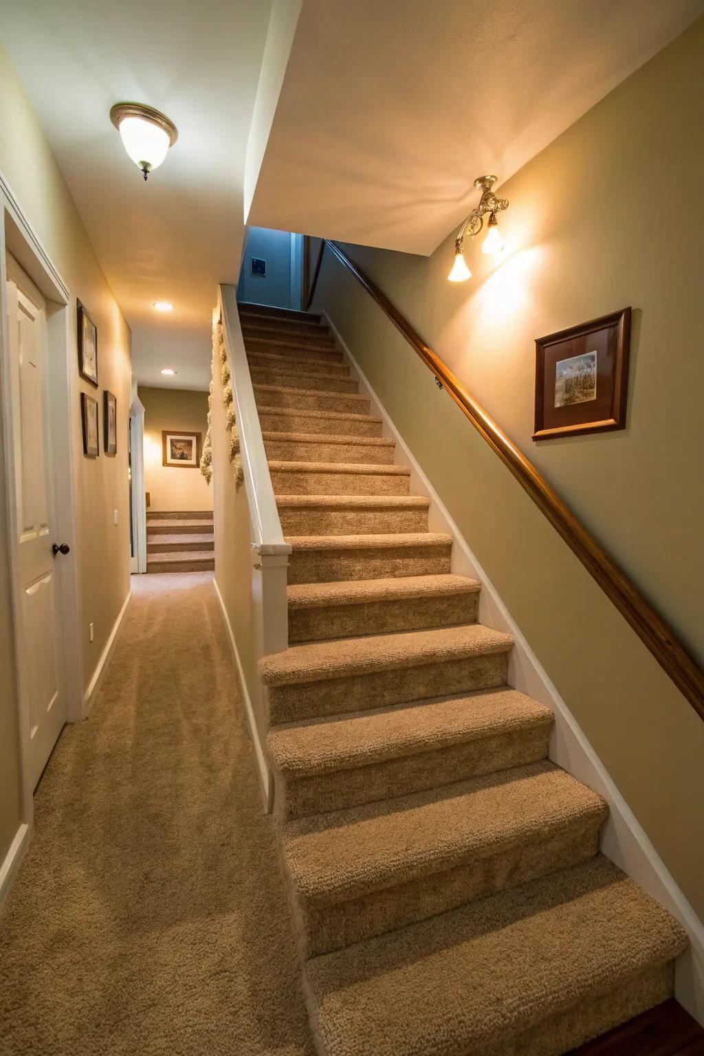 Floor covering adds warmth and safety to basement staircases.