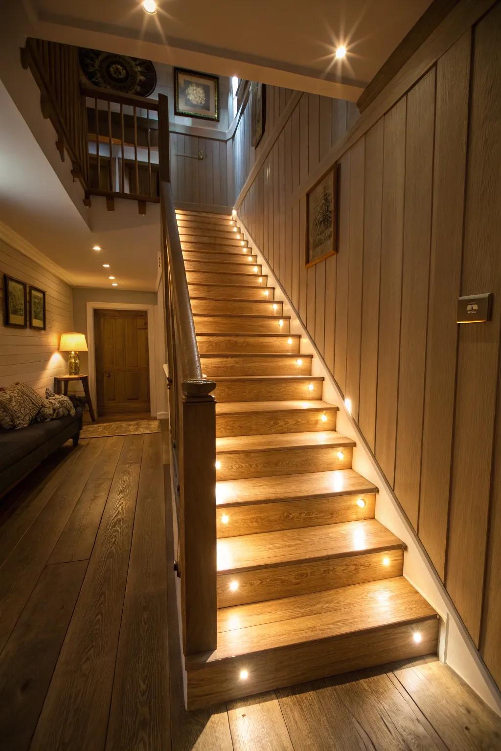 Illuminate your basement staircase using ambient integrated lighting.