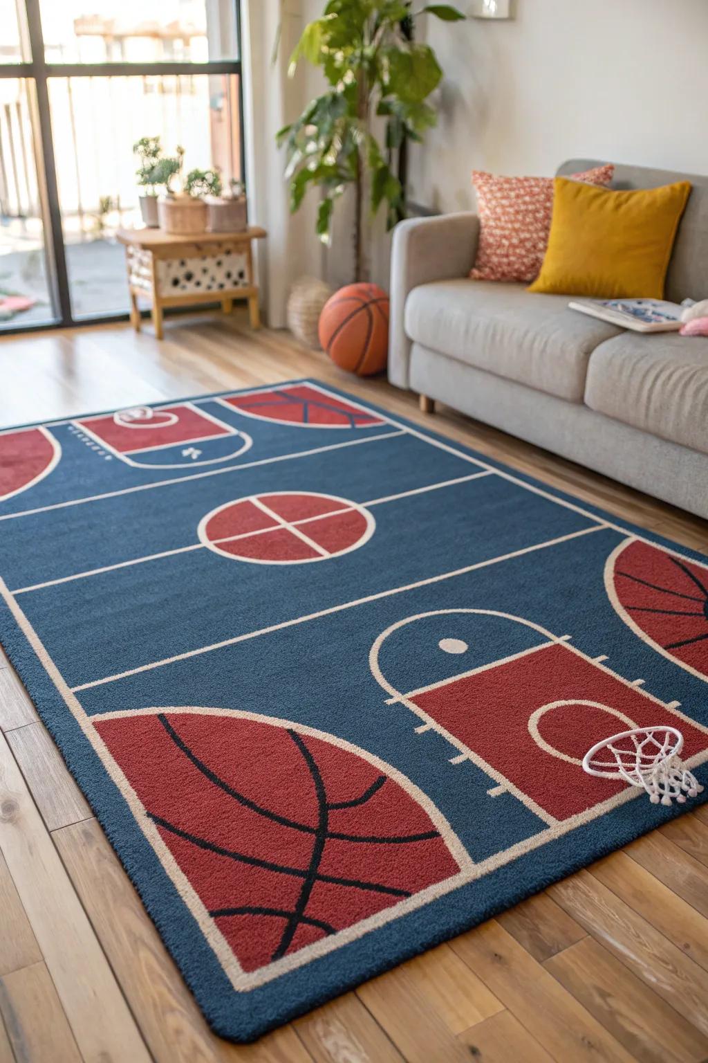 A basketball court floor covering injects a sporty vibe into the area.