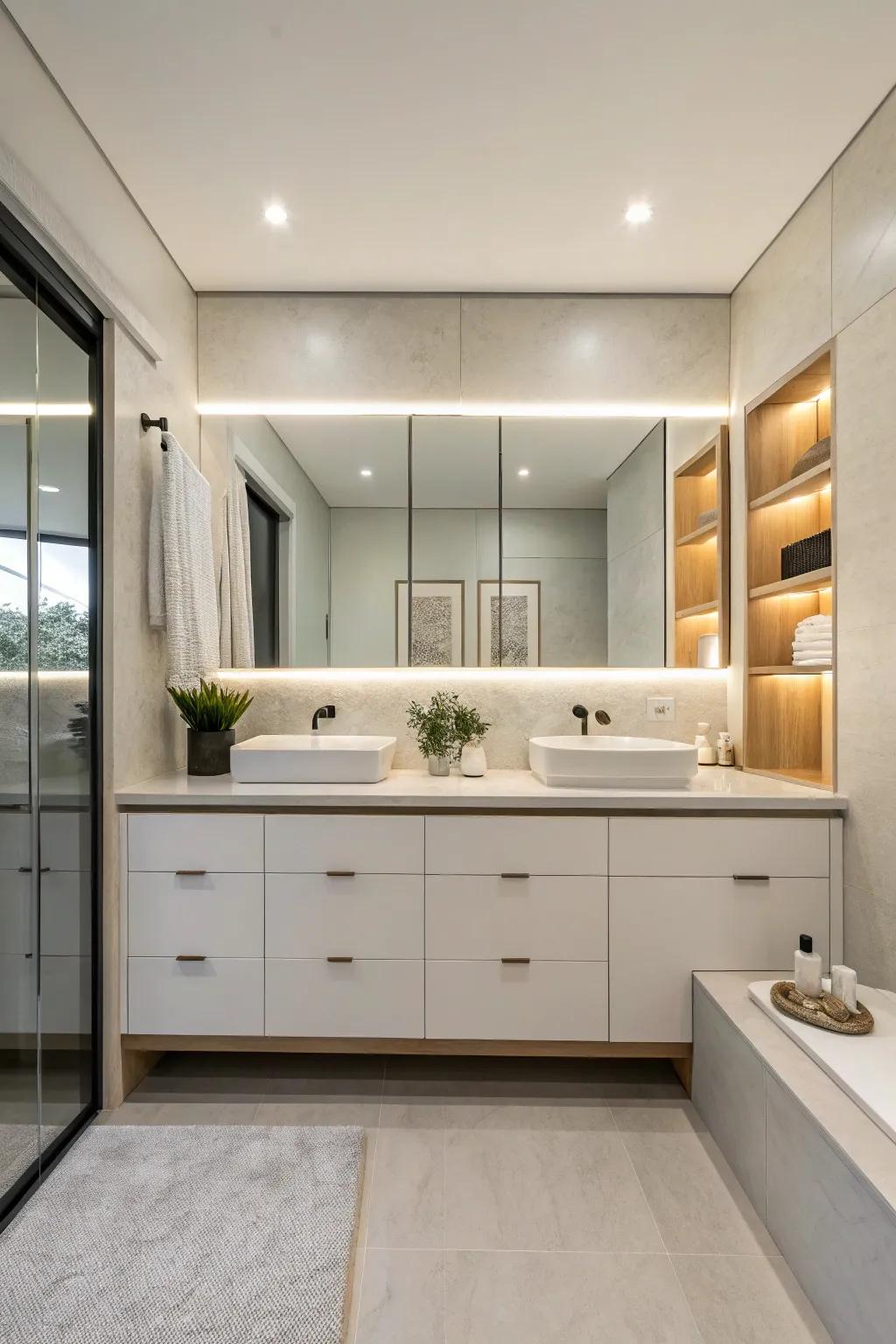 Streamlined shelves provide a polished, modern appearance with added storage capacity.