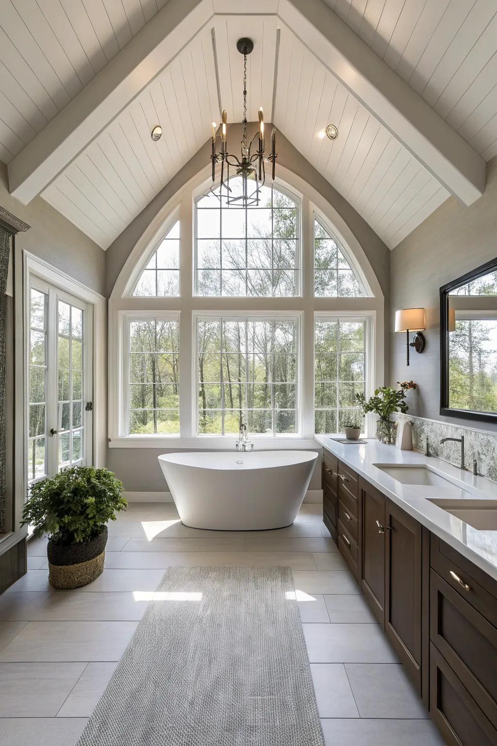 High ceilings enhance the sense of spaciousness, ideal for a tranquil bathroom setting.