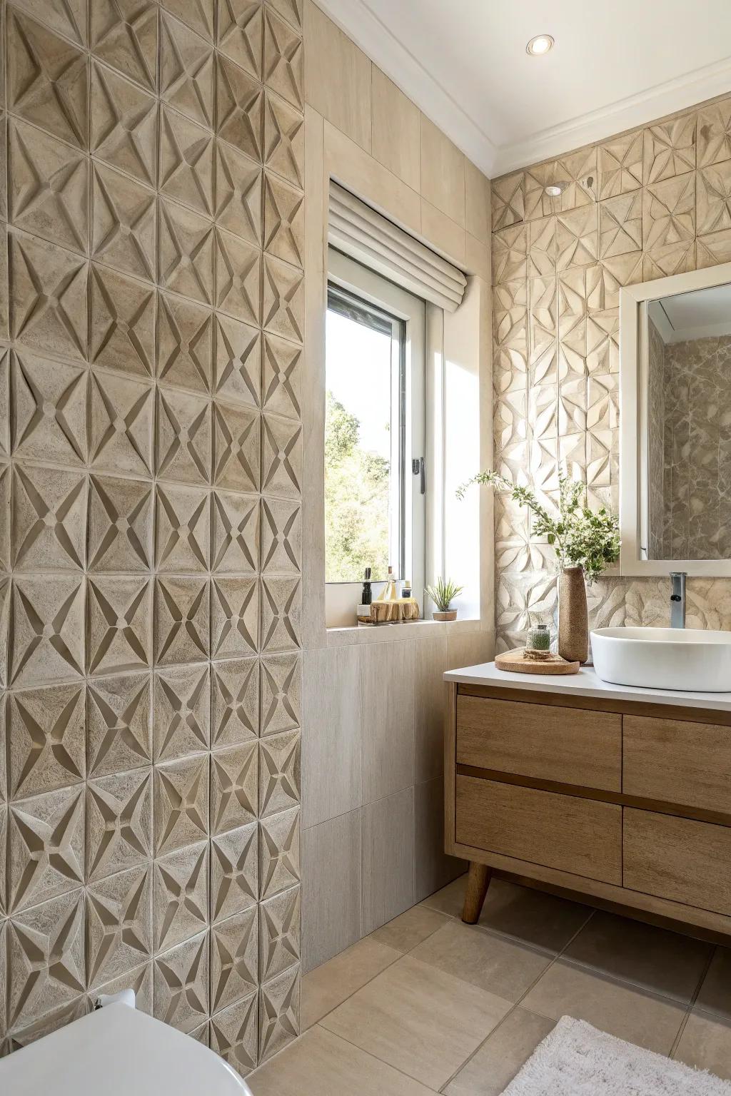 Textured tiles fashion a vigorous and captivating backdrop in any bathroom.