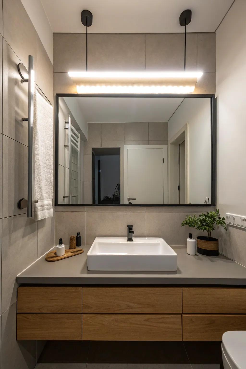 Bar lights above the mirror for a sleek and modern touch.