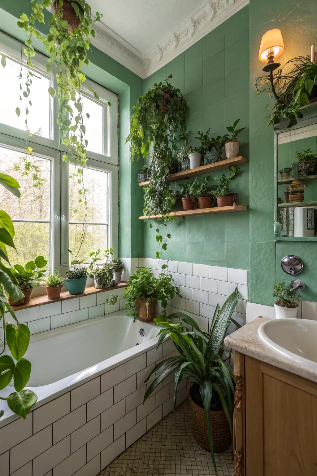 Organic verdant hues provide a revitalizing bathroom setting.