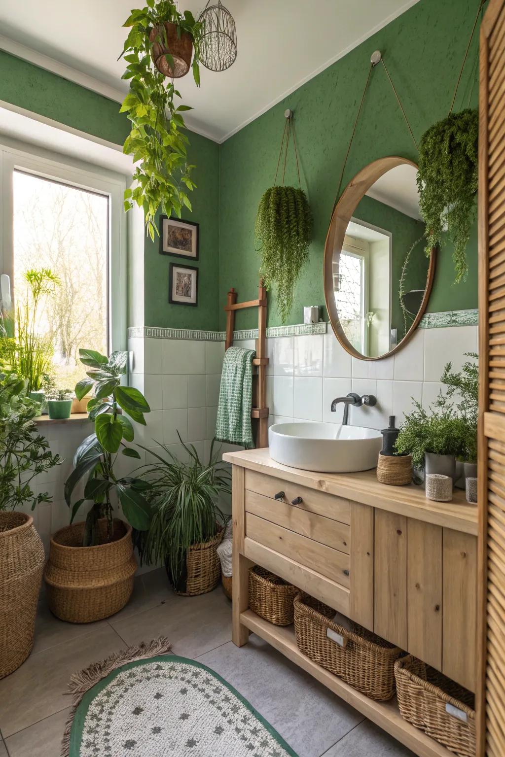 A nature-inspired bathroom with bright verdant walls.