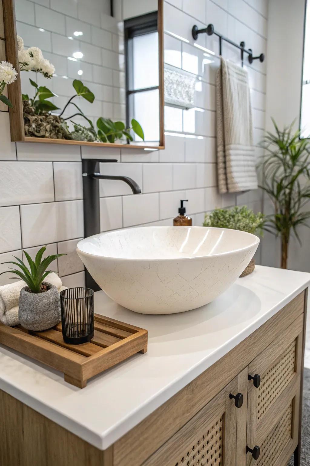 A striking countertop sink becomes the focal point.