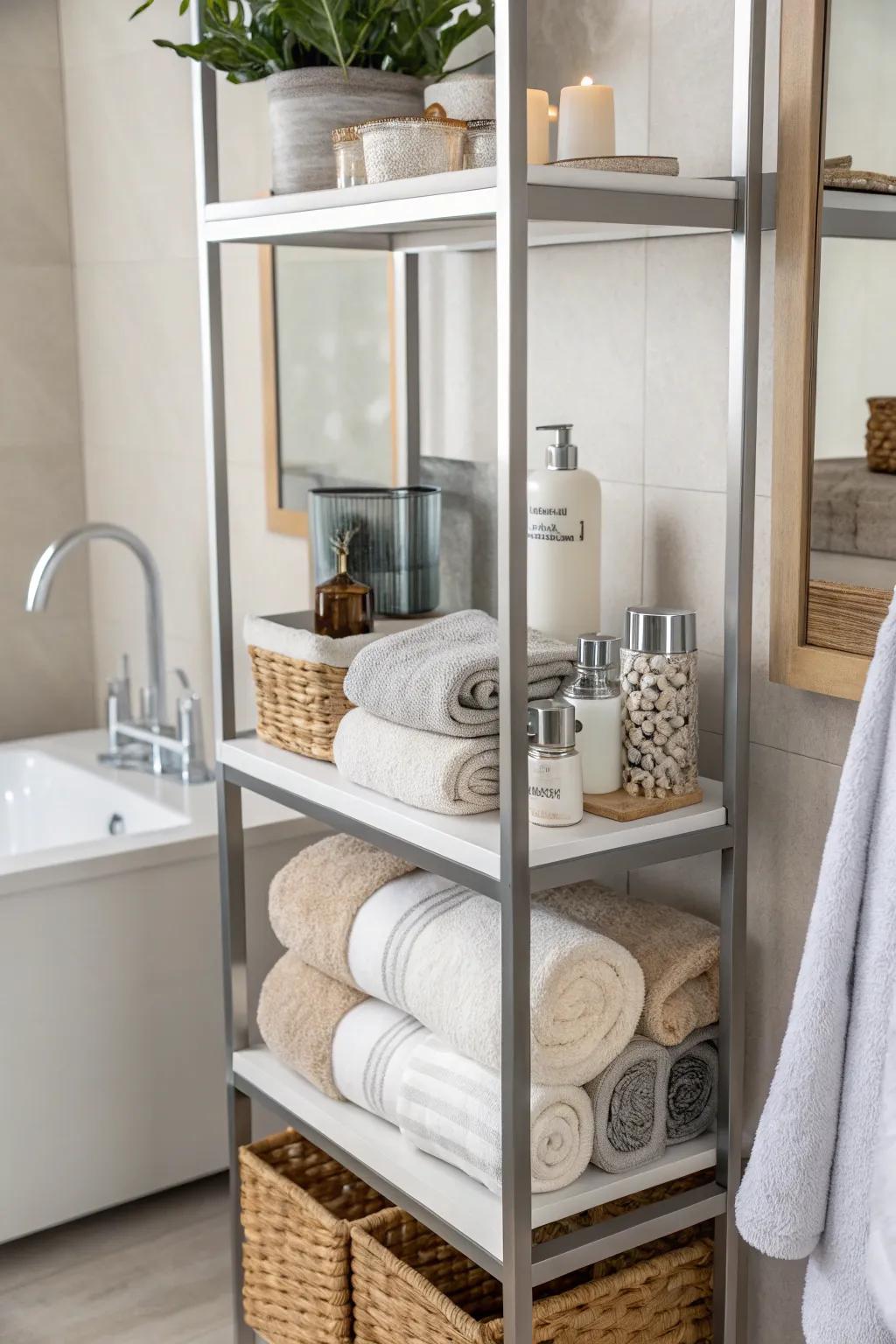 Amplify space with shelving that doubles as towel keeping.