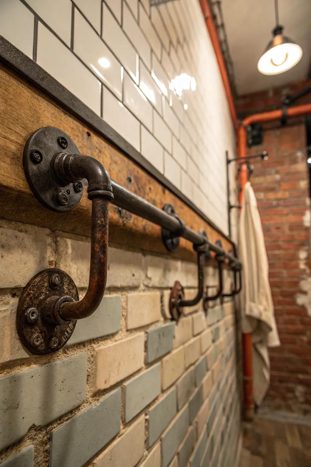 Industrial pipe hooks add a bold charm.