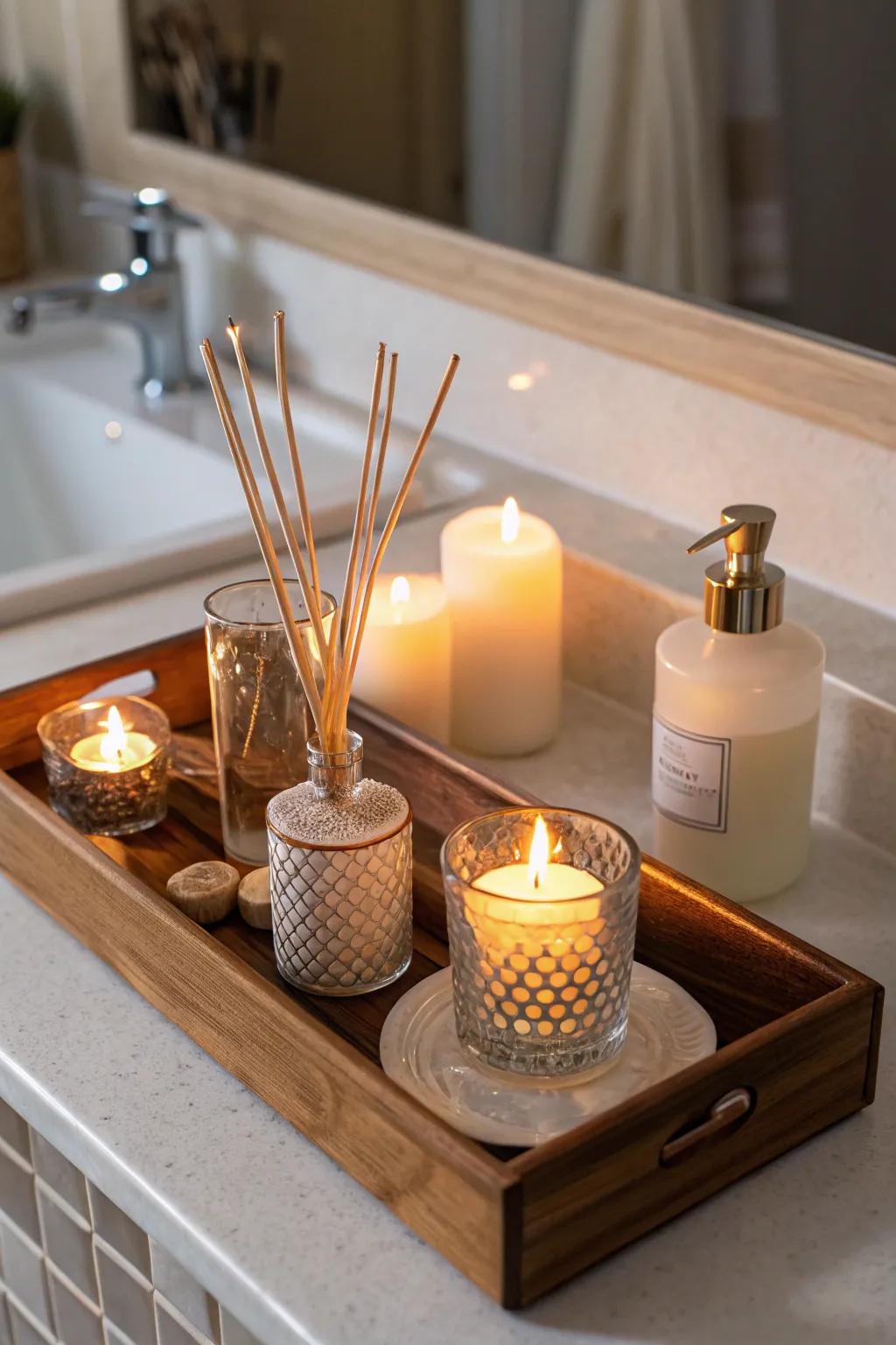 Aromatic lights and diffusers infuse the bathroom with a welcoming ambiance.