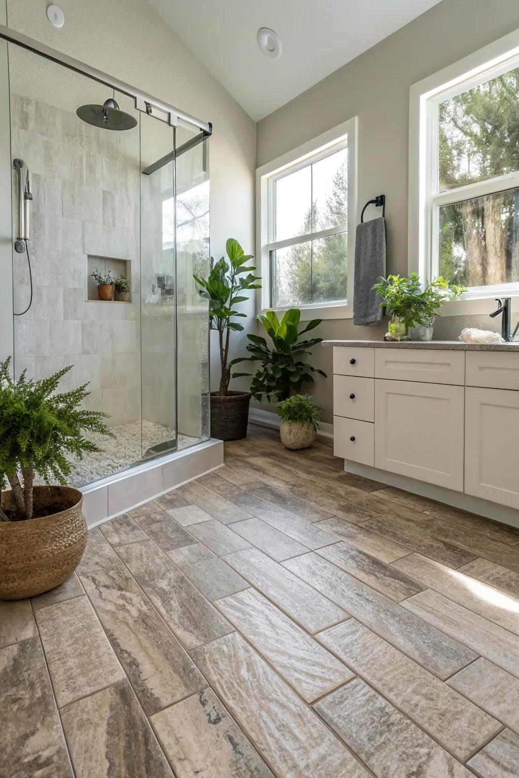 Resilient flooring that resembles stone adds a sophisticated feature to this modern bathroom.