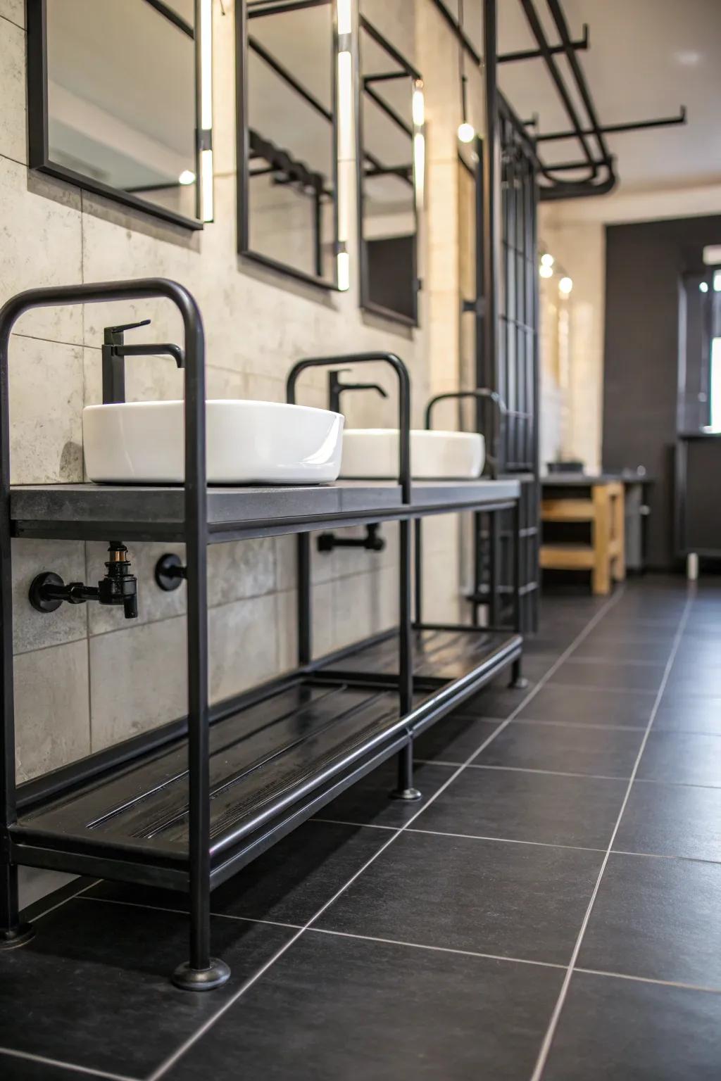 Industrial fixtures contribute a modern edge to the sophisticated black floor.