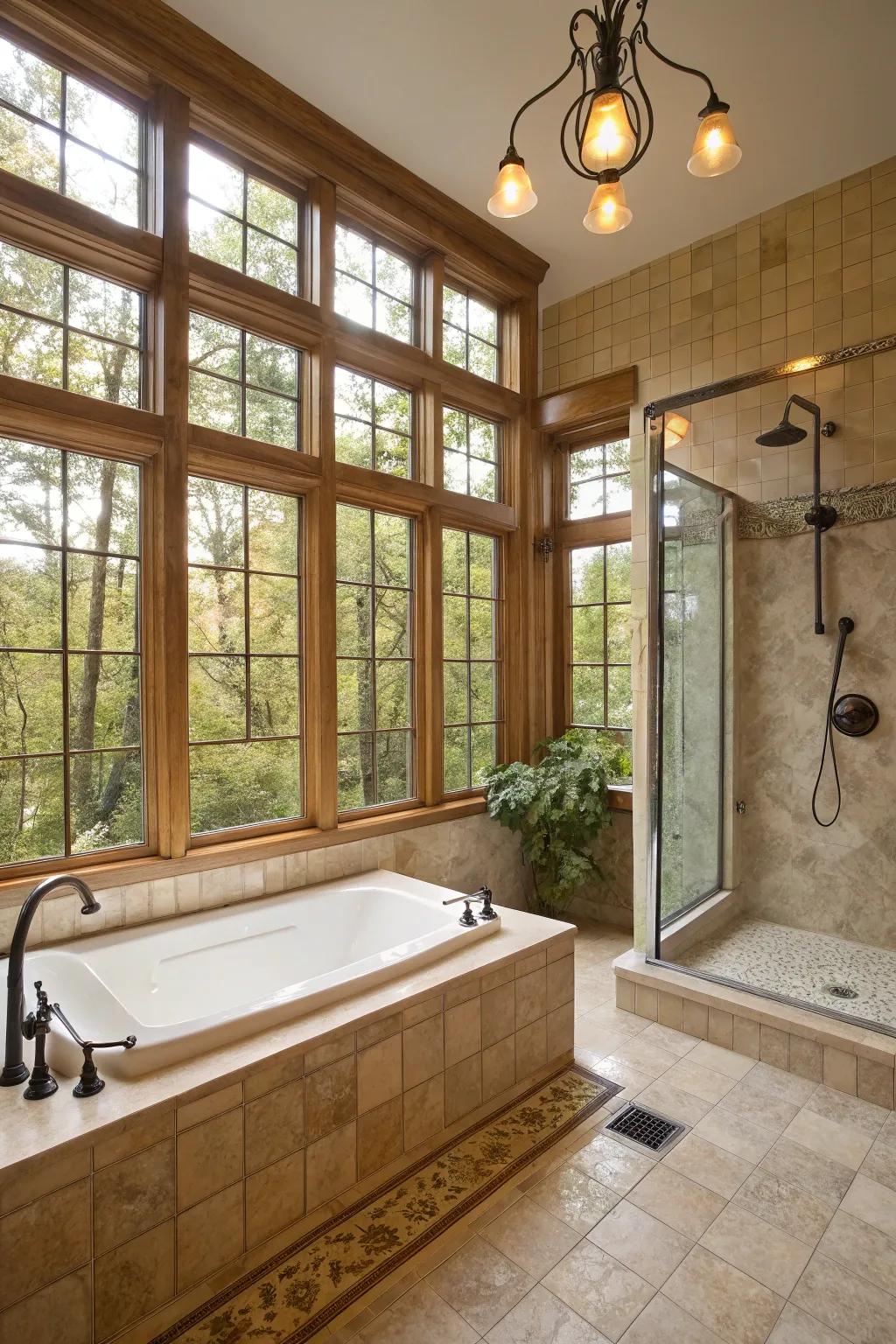 Large windows maximizing the intake of sunlight within a bathroom.