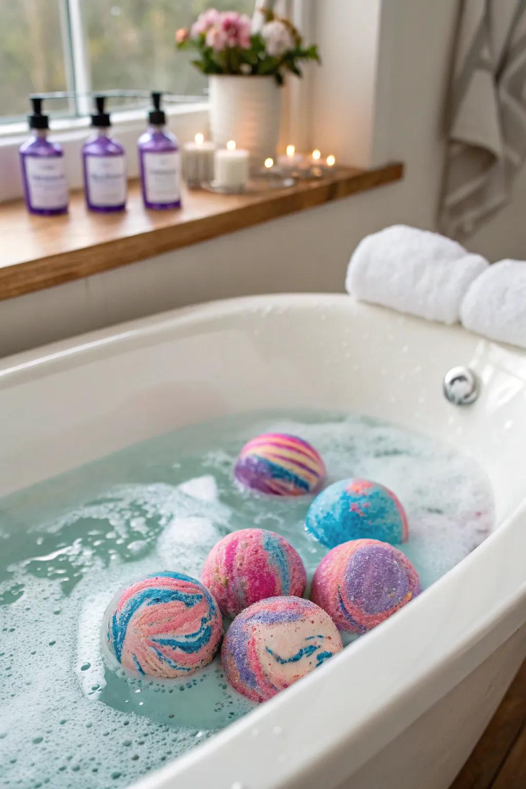 Incorporate homemade bath bombs for a colorful and fragrant soak.