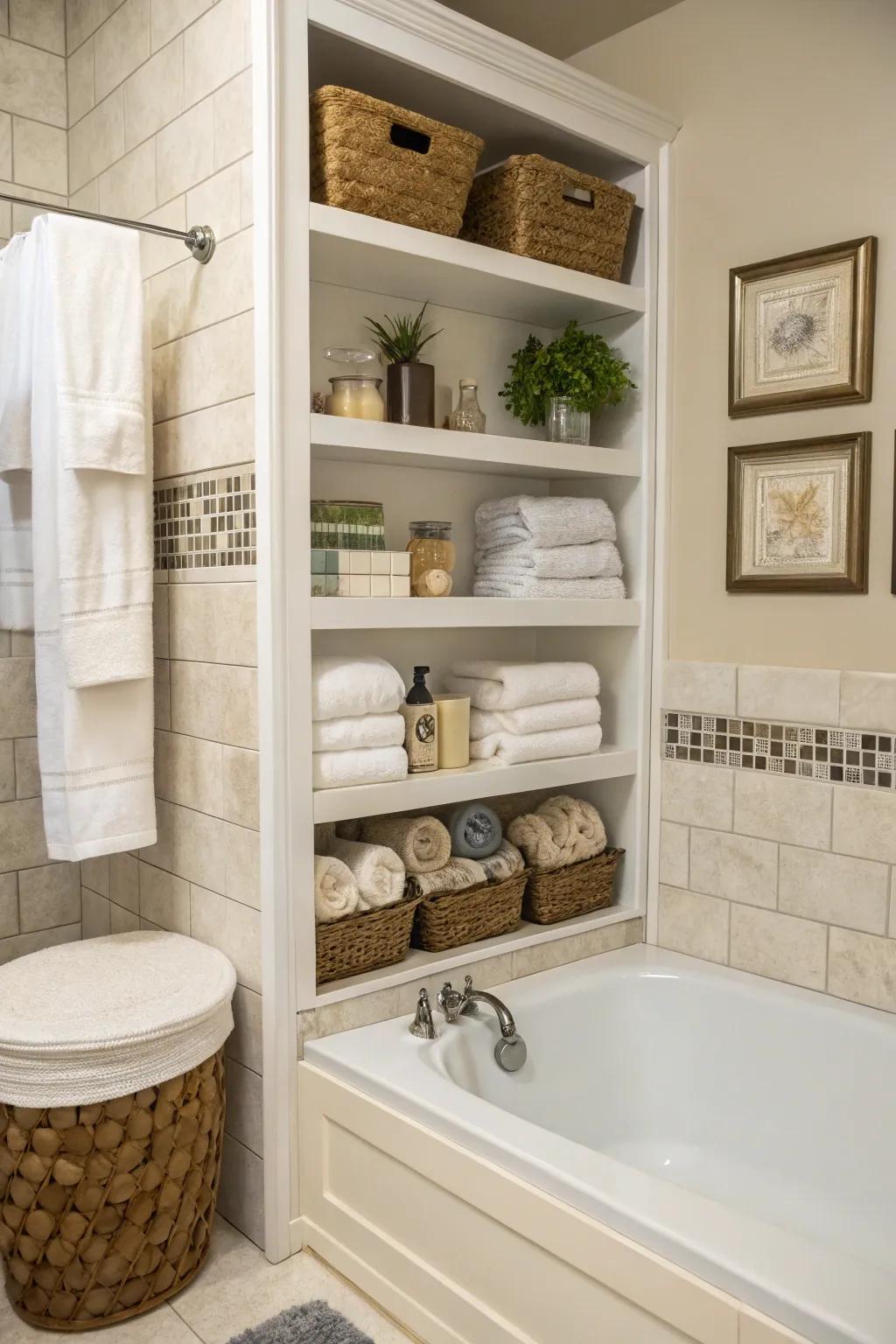 Having practical storage near your bathtub keeps your space organized and elegant.