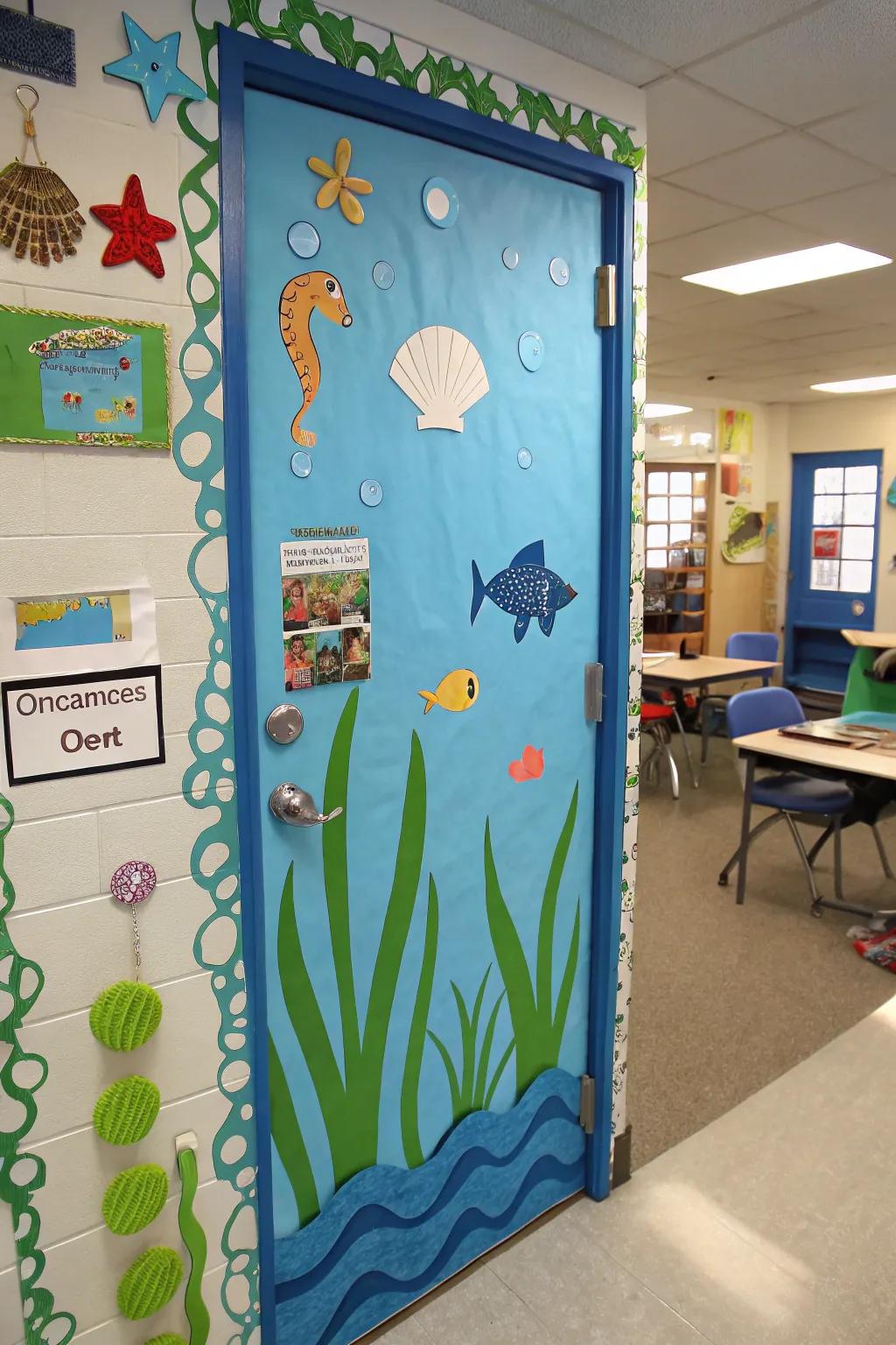 Peaceful classroom entrance with ocean hues and sea-inspired elements.