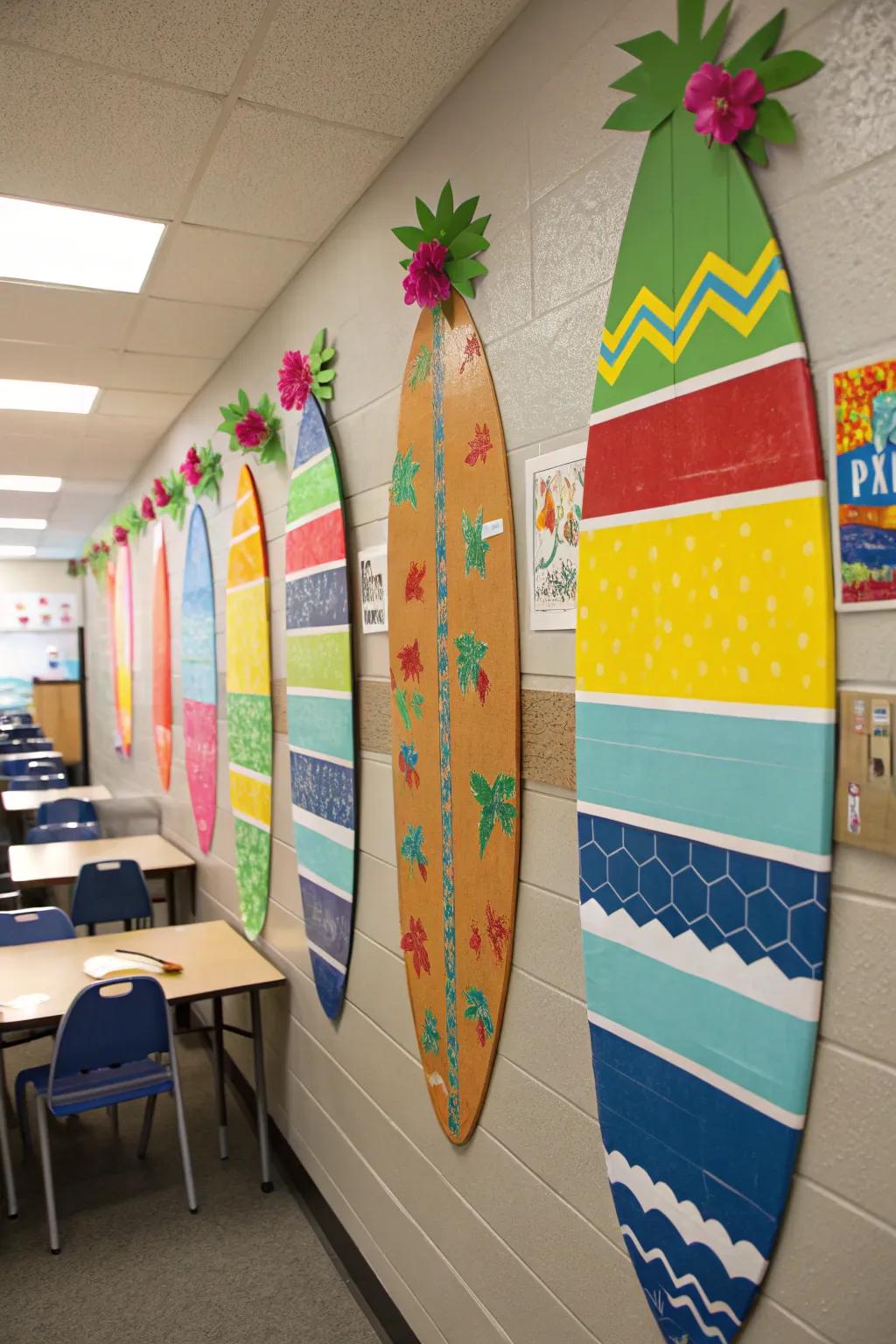 Creative DIY surfboard ornamentation adds a burst of color and enjoyment to the classroom walls.