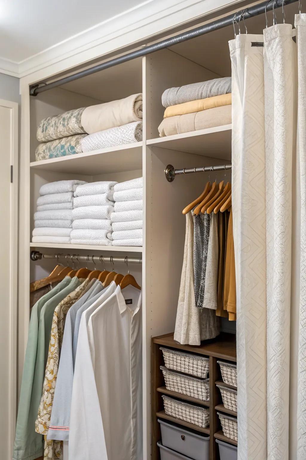 Hanging storage maximizes space and keeps sheets wrinkle-free.