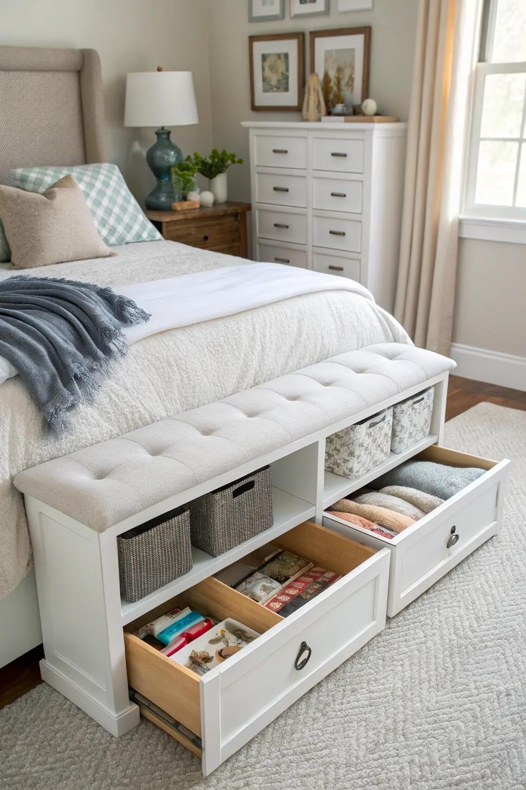 A storage bench helps keep your bedroom organized and clutter-free.