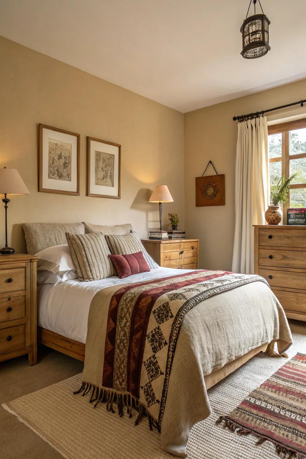 Comforting neutral shades fashion an adaptable and snug bedroom atmosphere.