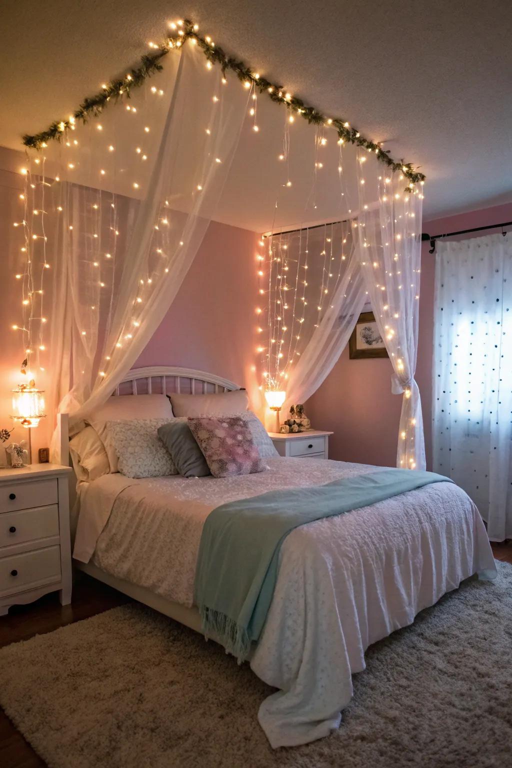 Fairy lights bring a warm and magical ambiance to this inviting bedroom.