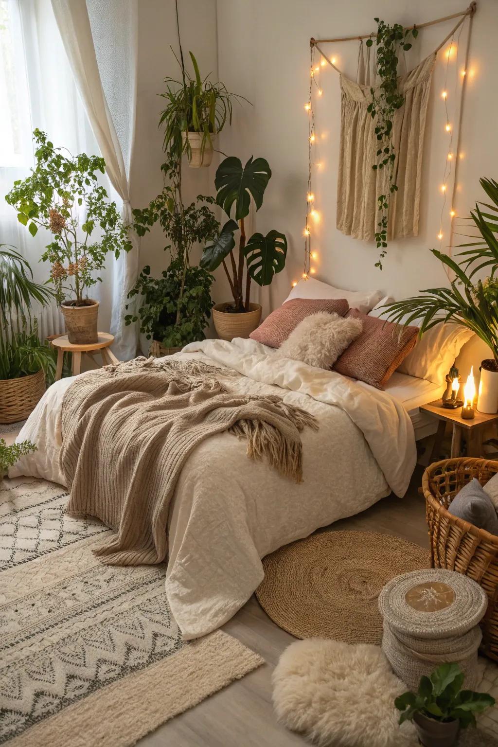 Textures and greenery fashion a harmonious bedroom retreat.