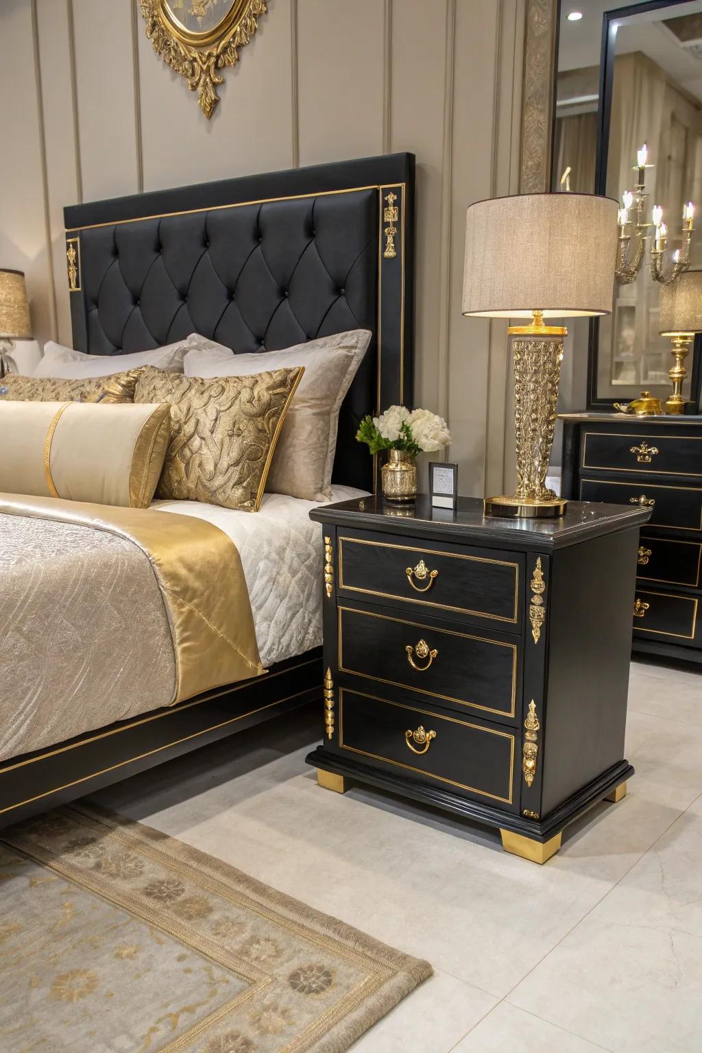 Gilded accents infuse a luxurious atmosphere into a bedroom adorned with dark furniture.