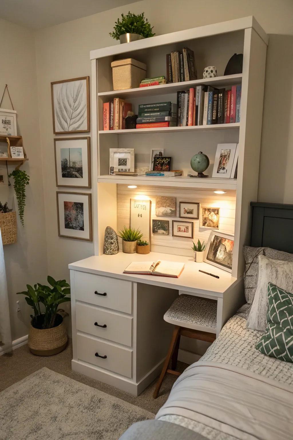 Merge storage and style using integrated shelving.