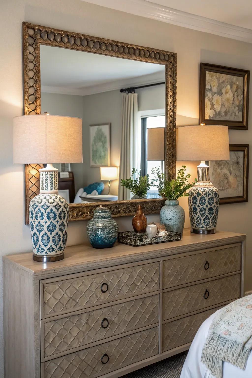 A dresser adorned with a mirror brings an element of elegance and practicality to the bedroom.