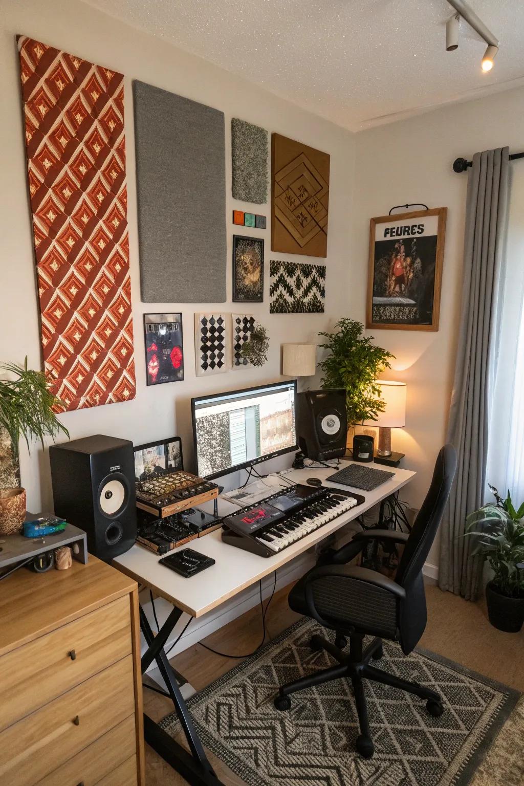 Sound-absorbing panels enhance both sound quality and aesthetics in a home studio.