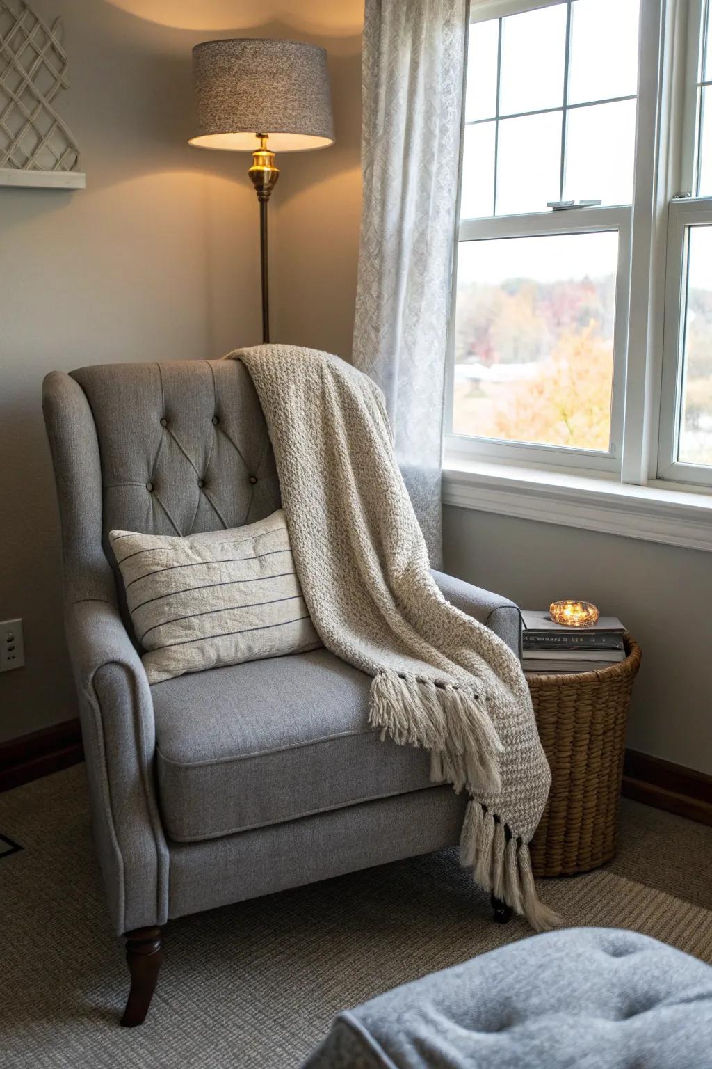 A snug corner featuring textured gray upholstery.
