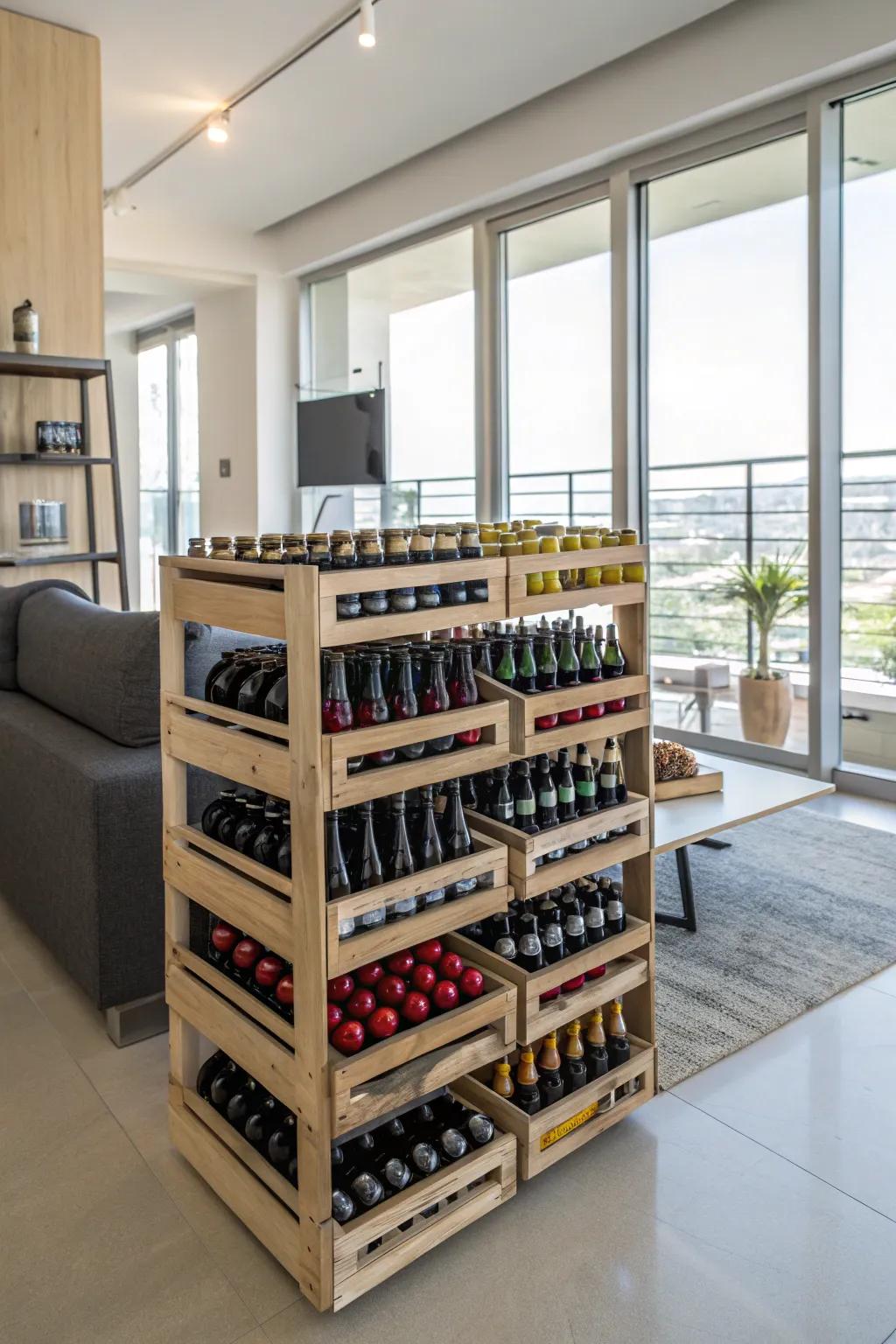 Stackable spirits racks loaded with ale bottles in a modern flat setting.