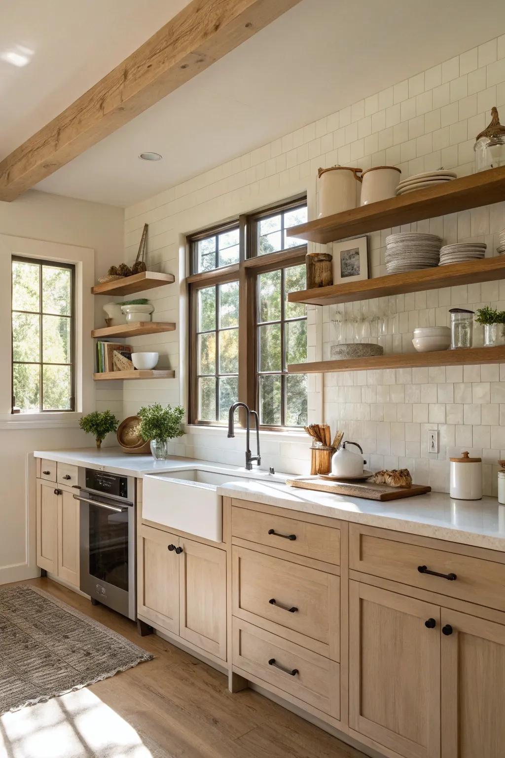 Natural wood elements infuse warmth into the beige and white palette.