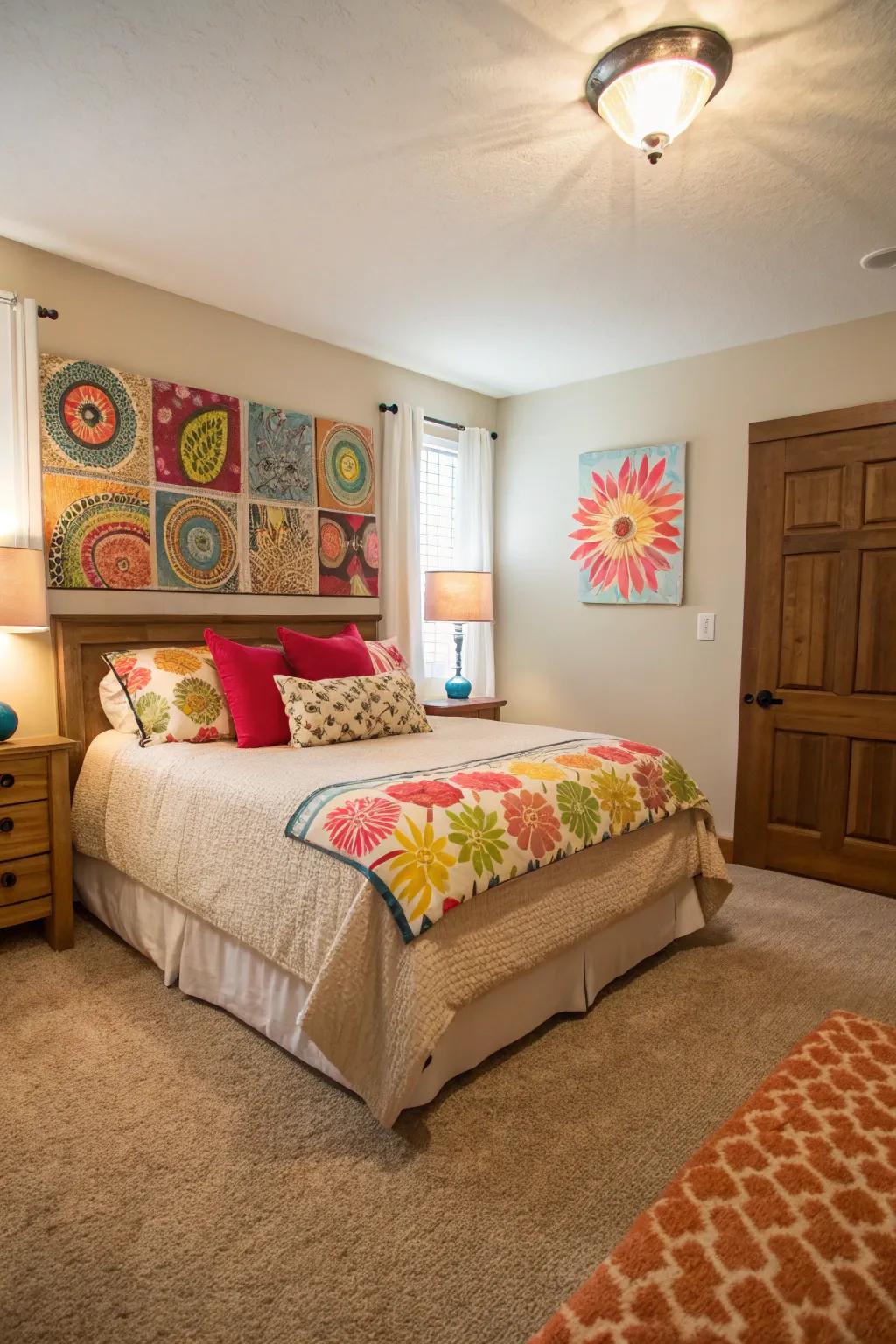 Bright accents breathe life into this bedroom, constructing a striking contrast with the beige carpet.